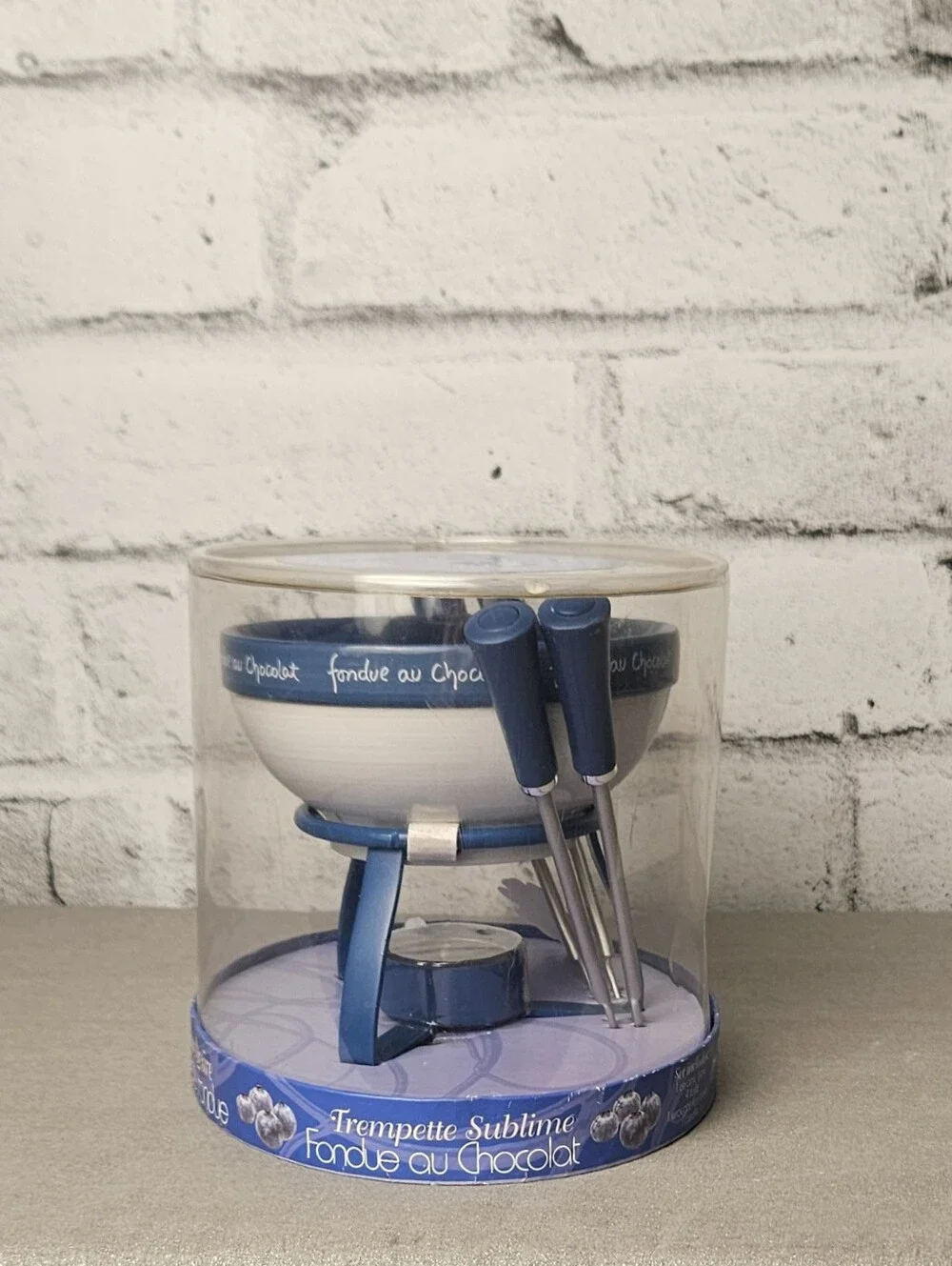 Vintage Jo!e Dipping Desire Chocolate Fondue Set NIB Blue Ceramic Bowl Forks NIB